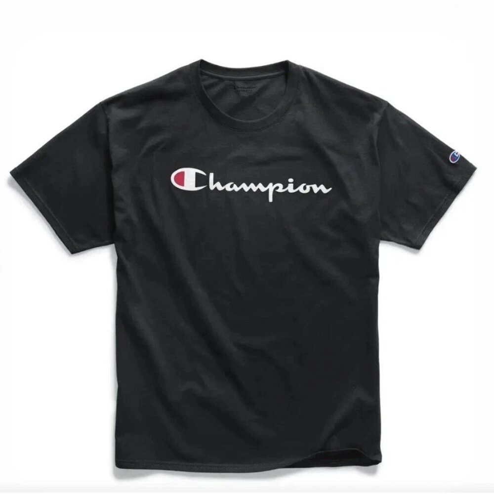 Champion Classic Script Logo short sleeve shirt, black, Large NWT!